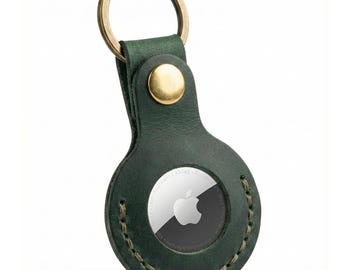 Hunter Green Leather AirTag Keychain Holder, Crazy Horse Key Ring, Hand-Stitched Snap Closure