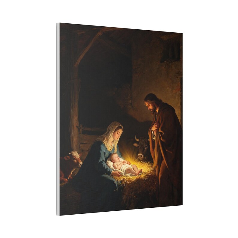 Nativity Canvas Wall Art | Holy Family Manger Scene, Christmas Christian Decor, Luke 2:7 Nativity Painting, Faith Gift image 10