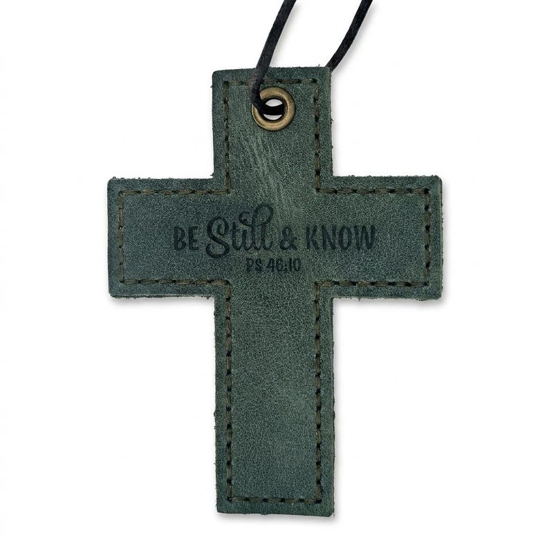 Be Still and Know Leather Wall Cross — Christian Gift, Full-Grain Cowhide, Eden Green imagen 2