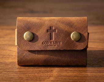 God Is Love Leather Snap Card Holder — Christian Gift, Full-Grain Cowhide, Jordan Brown