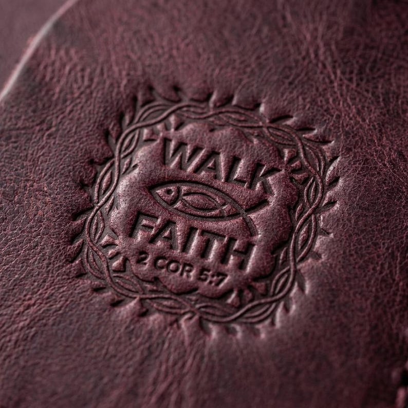 Walk by Faith Leather Snap Card Holder — Christian Gift, Full-Grain Cowhide, Pentecost Red image 3