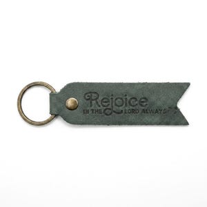 Rejoice in the Lord Always Leather Flat Keychain — Christian Gift, Full-Grain Cowhide, Eden Green image 2