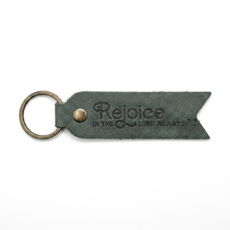 Rejoice in the Lord Always Leather Flat Keychain — Christian Gift, Full-Grain Cowhide, Eden Green image 2