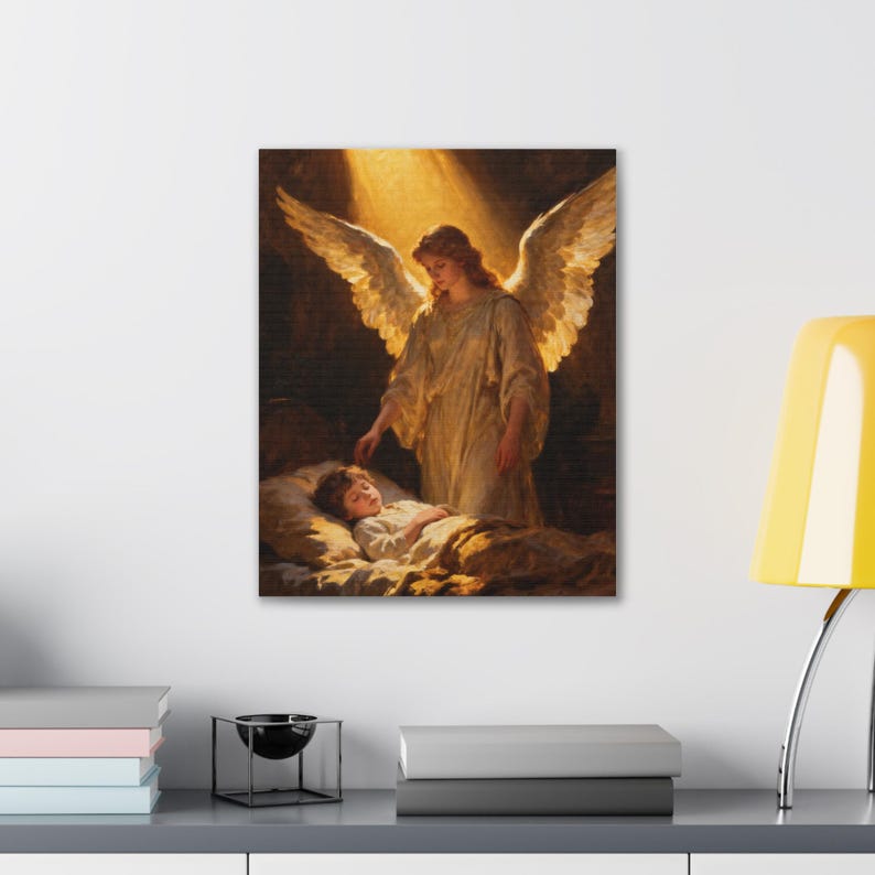 Guardian Angel Canvas Wall Art | Sleeping Child Nursery Decor, Psalm 91:11 Christian Baby Gift, Baptism Keepsake Art afbeelding 7