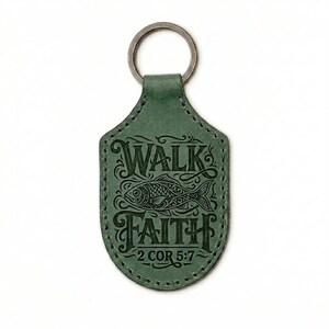 Walk by Faith Leather Stitched Keychain — Christian Gift, Full-Grain Cowhide, Eden Green image 3