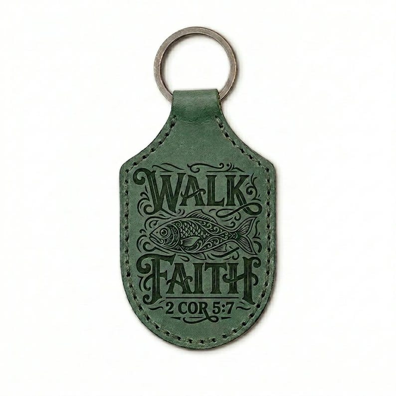 Walk by Faith Leather Stitched Keychain — Christian Gift, Full-Grain Cowhide, Eden Green image 3