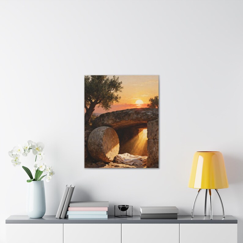 He Is Risen Canvas Wall Art | Empty Tomb at Sunrise, Easter Christian Decor, Matthew 28:6 Resurrection Art, Faith Gift image 11
