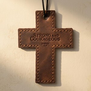 Strong and Courageous Leather Wall Cross — Christian Gift, Full-Grain Cowhide, Jordan Brown