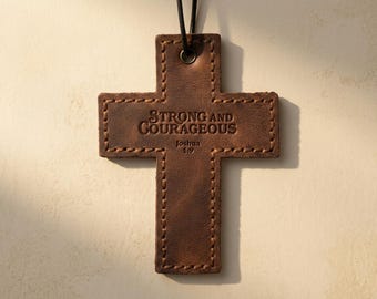 Strong and Courageous Leather Wall Cross — Christian Gift, Full-Grain Cowhide, Jordan Brown