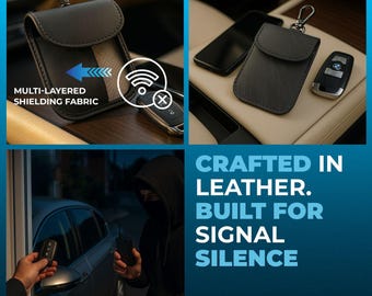 May include: A black leather signal-blocking pouch with a metal carabiner clip. The pouch features multi-layered shielding fabric and is designed to block wireless signals. Text on the image reads: Multi-layered shielding fabric, Crafted in leather, Built for signal silence, The Faraday Bag.