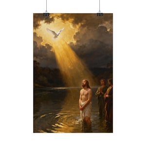 Póster del Bautismo de Jesús / Paloma descendiendo al Jordán, Mateo 3:16. Arte mural cristiano, lámina de regalo para bautizo. imagen 2