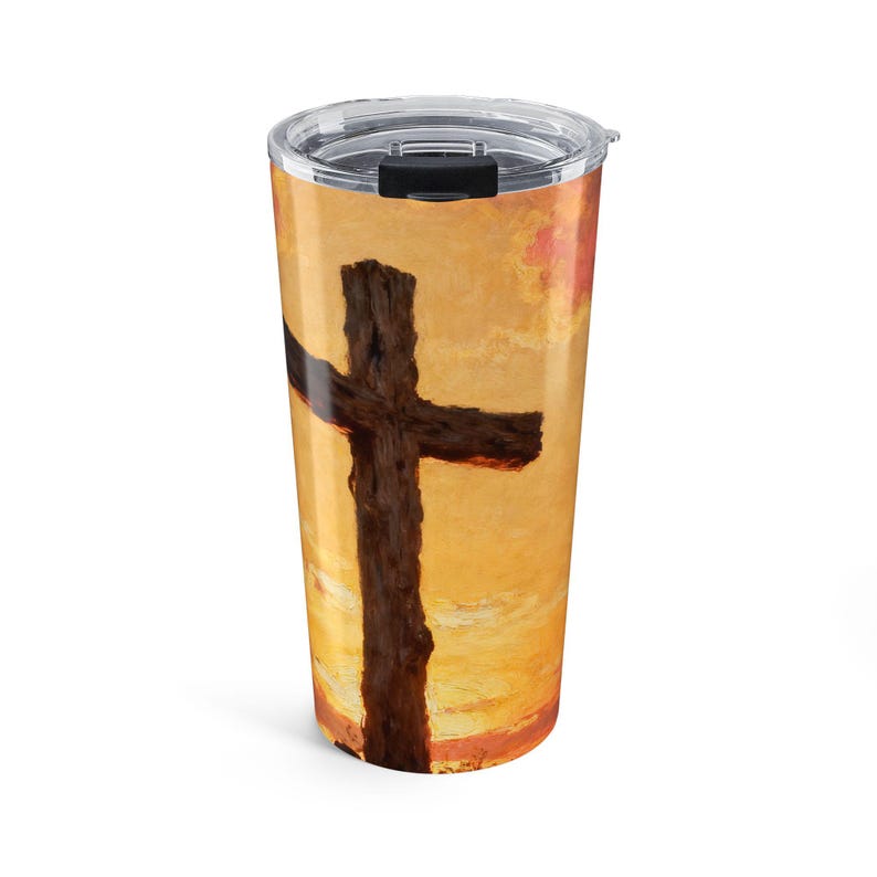 Cross at Dawn 20oz Tumbler | Psalm 23:4 Christian Travel Mug, Comfort Faith Gift, Sympathy Gift for Him or Her image 1