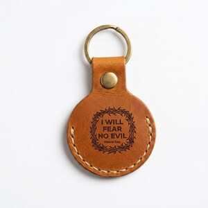 I Will Fear No Evil Leather AirTag Keychain — Christian Gift, Full-Grain Cowhide, Jordan Brown image 3