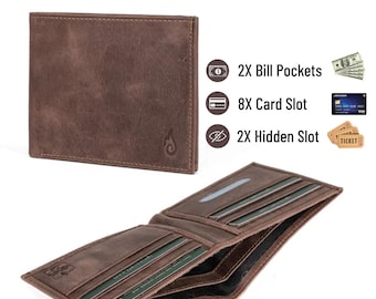 May include: A brown bifold wallet with visible stitching, featuring the IGNIS Craft logo. The wallet includes 2 bill pockets, 8 card slots, and 2 hidden slots. The interior shows multiple card compartments and a clear ID window.