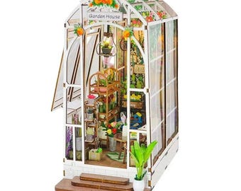 Garden House Book Nook Kit, DIY Wooden Bookshelf Insert with LED Light, Flower Garden Miniature Craft Kit for Adults, Book Lover Gift
