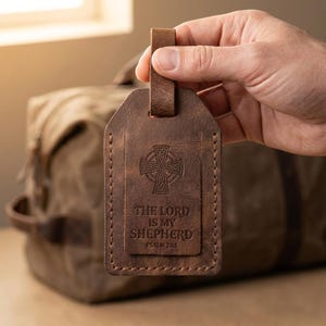 The Lord is My Shepherd Leather Luggage Tag — Christian Gift, Full-Grain Cowhide, Jordan Brown image 2