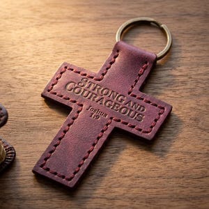 Strong and Courageous Leather Cross Keychain — Christian Gift, Full-Grain Cowhide, Pentecost Red