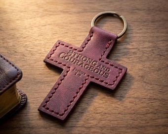 Strong and Courageous Leather Cross Keychain — Christian Gift, Full-Grain Cowhide, Pentecost Red