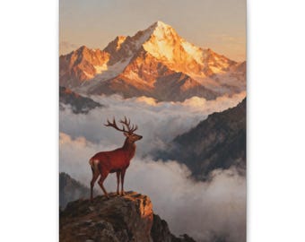 May include: A wall art print depicting a brown stag with large antlers standing on a rocky cliff edge. In the background, a snow-capped mountain peak is illuminated by golden sunlight, rising above a thick layer of white clouds.