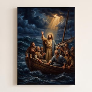 Peace Be Still Canvas Wall Art | Jesus Calming the Storm, Christian Home Decor, Mark 4:39 Bible Art, Faith Gift, Prayer Room