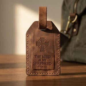 The Lord is My Shepherd Leather Luggage Tag — Christian Gift, Full-Grain Cowhide, Jordan Brown