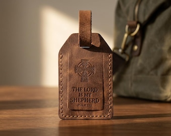 The Lord is My Shepherd Leather Luggage Tag — Christian Gift, Full-Grain Cowhide, Jordan Brown