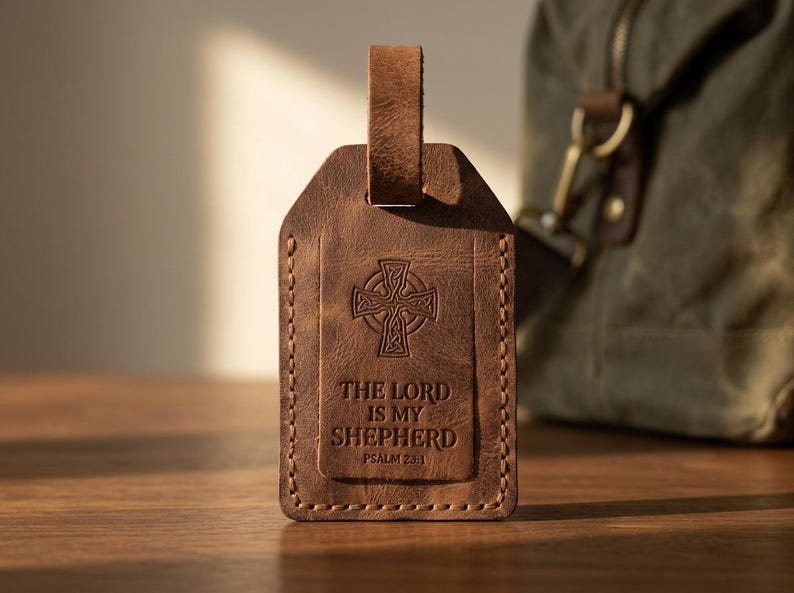 The Lord is My Shepherd Leather Luggage Tag — Christian Gift, Full-Grain Cowhide, Jordan Brown image 1
