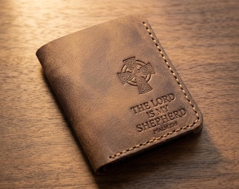 The Lord Is My Shepherd Minimalist Leather Wallet — Christian Gift, Full-Grain Cowhide, Jordan Brown