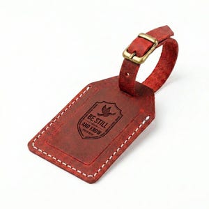 Be Still and Know Leather Luggage Tag — Christian Gift, Full-Grain Cowhide, Pentecost Red image 5