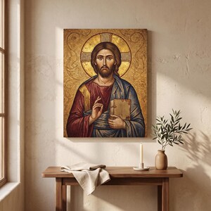 Icona di Cristo Pantocratore su tela tesa / Opera d'arte religiosa da parete immagine 5
