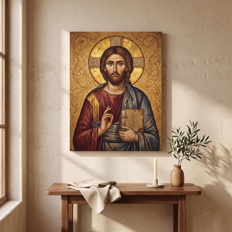 Icona di Cristo Pantocratore su tela tesa / Opera d'arte religiosa da parete immagine 5
