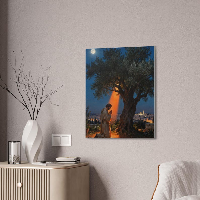 Garden of Gethsemane Canvas Wall Art | Luke 22:41 Jesus Praying at Night, Not My Will Painting, Christian Gift Bild 12