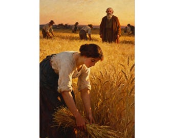 Puede incluir: Una pintura al óleo que representa un campo de trigo dorado al atardecer. En primer plano, una persona con camisa clara y falda oscura recoge trigo. Al fondo, varias figuras trabajan en el campo, mientras una persona mayor con barba permanece de pie.