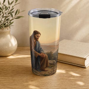 Jesus Praying 20 oz Stainless Steel Tumbler: Christian Wraparound Art image 9