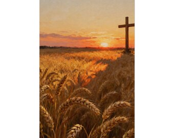 May include: A painting of a golden wheat field at sunset with a dark brown wooden cross standing on the right side. The sky is filled with warm orange and yellow hues, casting a soft glow over the textured stalks of grain in the foreground.