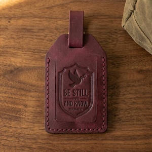 Be Still and Know Leather Luggage Tag — Christian Gift, Full-Grain Cowhide, Pentecost Red image 1