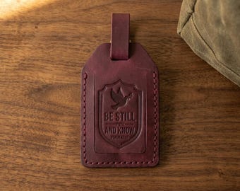 Be Still and Know Leather Luggage Tag — Christian Gift, Full-Grain Cowhide, Pentecost Red