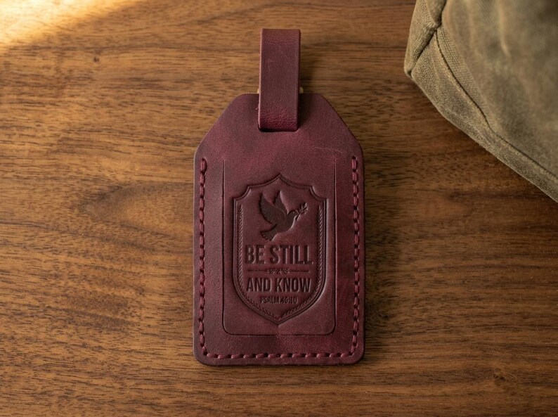 Be Still and Know Leather Luggage Tag — Christian Gift, Full-Grain Cowhide, Pentecost Red image 1