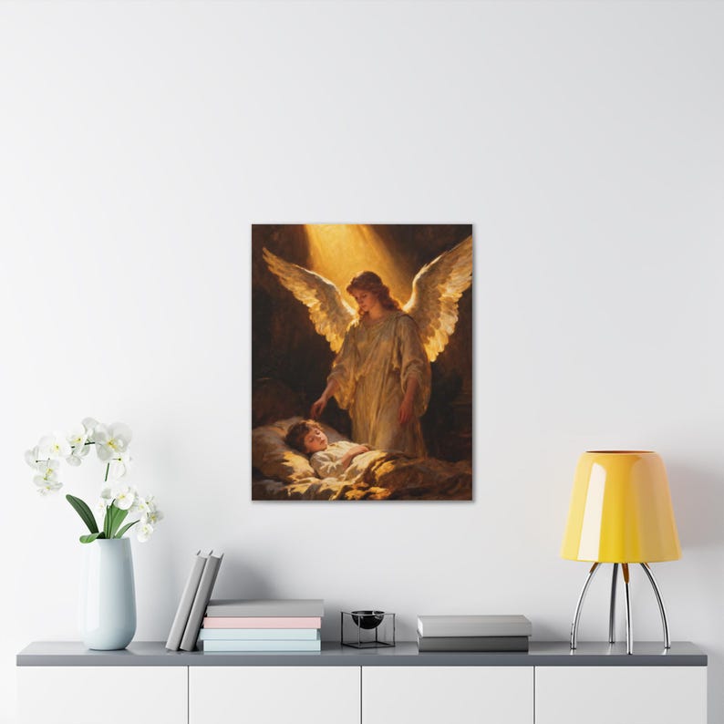 Guardian Angel Canvas Wall Art | Sleeping Child Nursery Decor, Psalm 91:11 Christian Baby Gift, Baptism Keepsake Art afbeelding 11