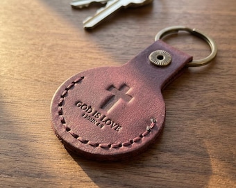 God is Love Leather AirTag Keychain — Christian Gift, Full-Grain Cowhide, Pentecost Red