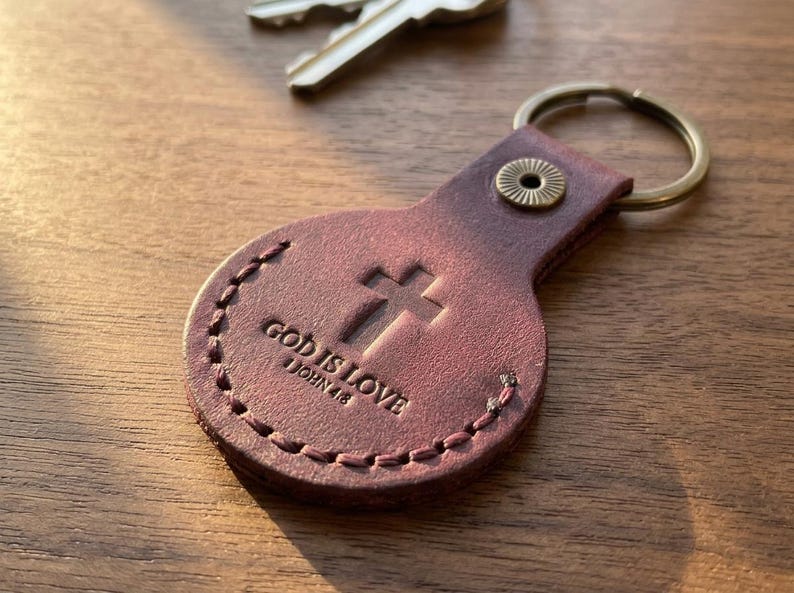 God is Love Leather AirTag Keychain — Christian Gift, Full-Grain Cowhide, Pentecost Red image 1