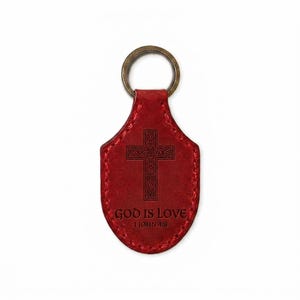 God Is Love Leather Stitched Keychain — Christian Gift, Full-Grain Cowhide, Pentecost Red Bild 3