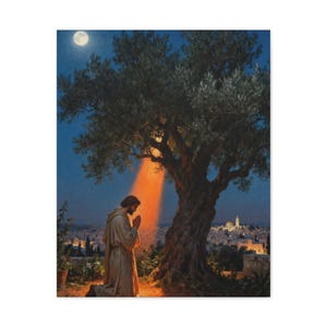 Garden of Gethsemane Canvas Wall Art | Luke 22:41 Jesus Praying at Night, Not My Will Painting, Christian Gift Bild 9