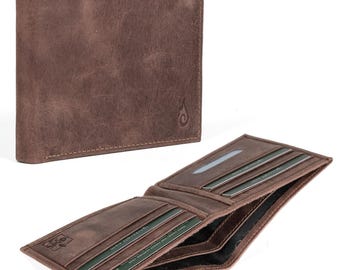 May include: A brown leather bifold wallet featuring a smooth, matte finish and visible stitching along the edges. The exterior displays a small embossed flame logo, while the interior contains multiple card slots and a clear ID window.