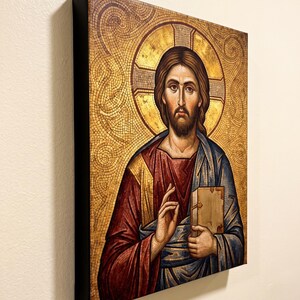 Icona di Cristo Pantocratore su tela tesa / Opera d'arte religiosa da parete immagine 3