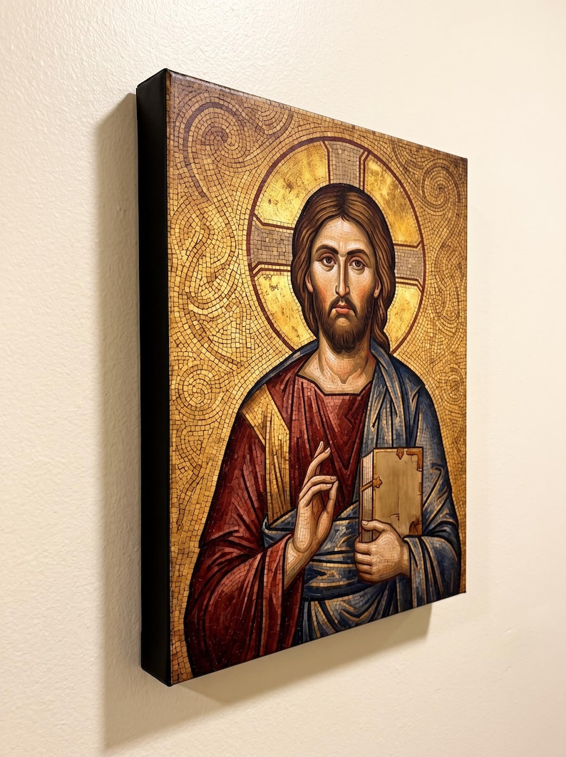 Icona di Cristo Pantocratore su tela tesa / Opera d'arte religiosa da parete immagine 3