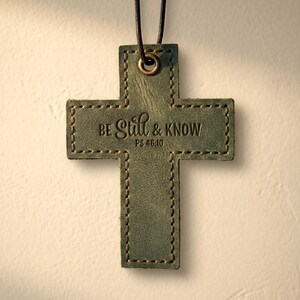 Be Still and Know Leather Wall Cross — Christian Gift, Full-Grain Cowhide, Eden Green