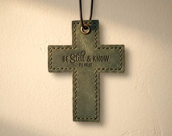 Be Still and Know Leather Wall Cross — Christian Gift, Full-Grain Cowhide, Eden Green