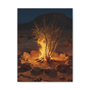 May include: A painting of a thorny bush burning in a fire pit surrounded by a circle of rocks in a desert landscape at night. A wooden walking stick lies on the ground in the foreground, with a dark mountain silhouette in the distance.