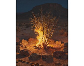Puede incluir: Una pintura de un arbusto espinoso ardiendo en una hoguera rodeada por un círculo de piedras en un paisaje desértico nocturno. Un bastón de madera yace en el suelo en primer plano, con la silueta de una montaña oscura al fondo.